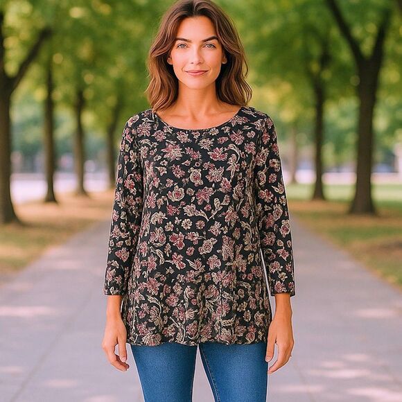 J Jill Pullover Top M Black Floral Peplum 3/4 Sleeves Purple Green White Tunic - Picture 7 of 10